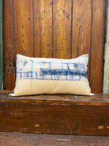 Handmade reworked oblong cushion in vintage blanket and salvage treads (blue). By Lost and Found Projects and JMR Design