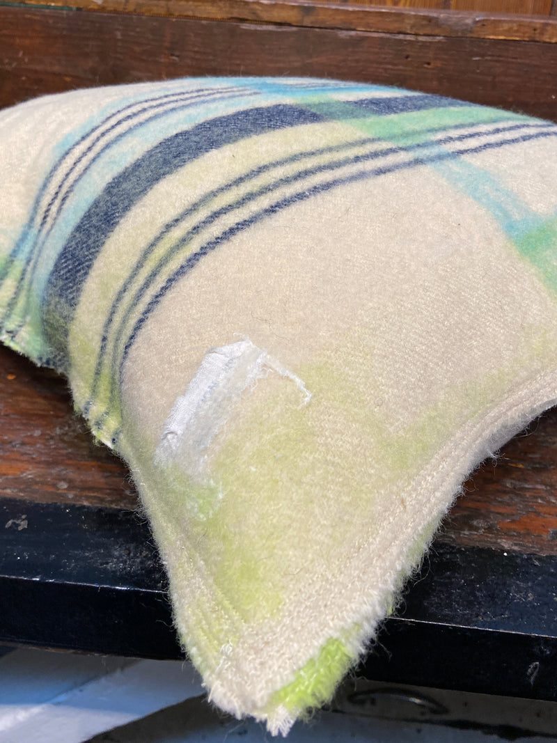 Handmade felted cushion with vintage blankets and handwork. Square lime green and blue felt. By Lost and Found Projects and JMR Design