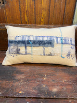Handmade reworked oblong cushion in vintage blanket and salvage treads (blue). By Lost and Found Projects and JMR Design