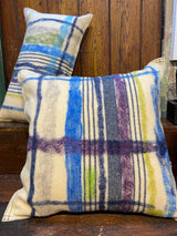 Handmade felted cushion with vintage blankets and handwork. Square blue and purple felt. By Lost and Found Projects and JMR Design