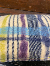 Handmade felted cushion with vintage blankets and handwork. Oblong blue and purple felt. By Lost and Found Projects and JMR Design