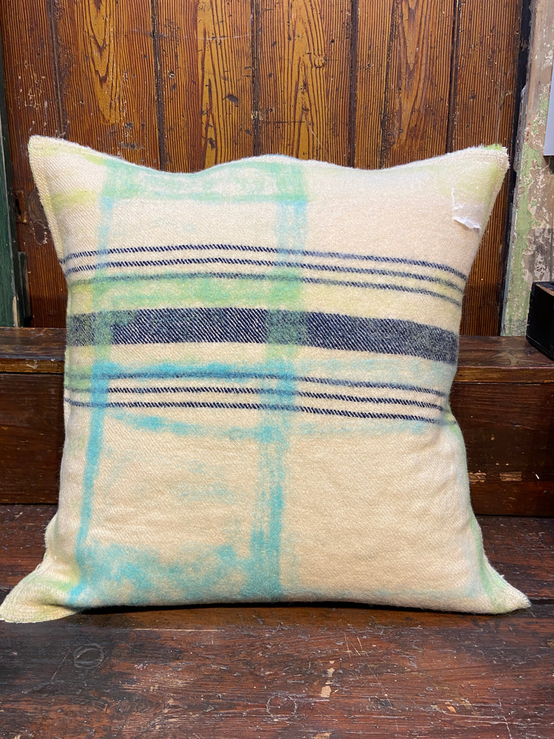 Handmade felted cushion with vintage blankets and handwork. Square lime green and blue felt. By Lost and Found Projects and JMR Design