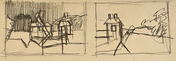 KV002 Duo Small Buildings in Landscape c1943 by Keith Vaughan