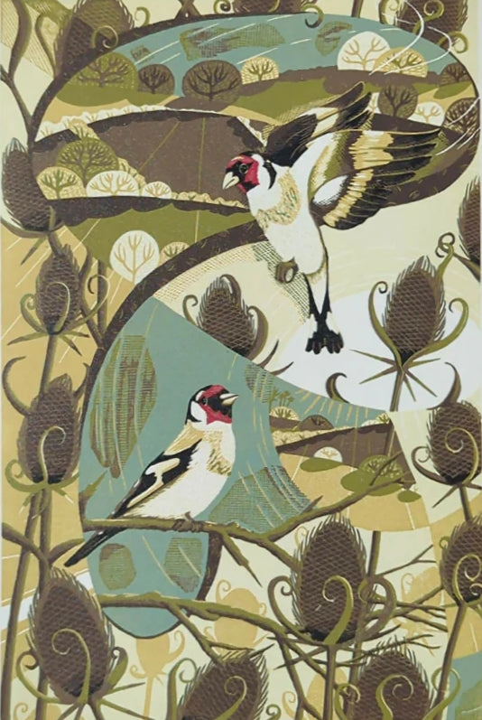 Goldfinches Lino Print 2025 by Louise Edwards