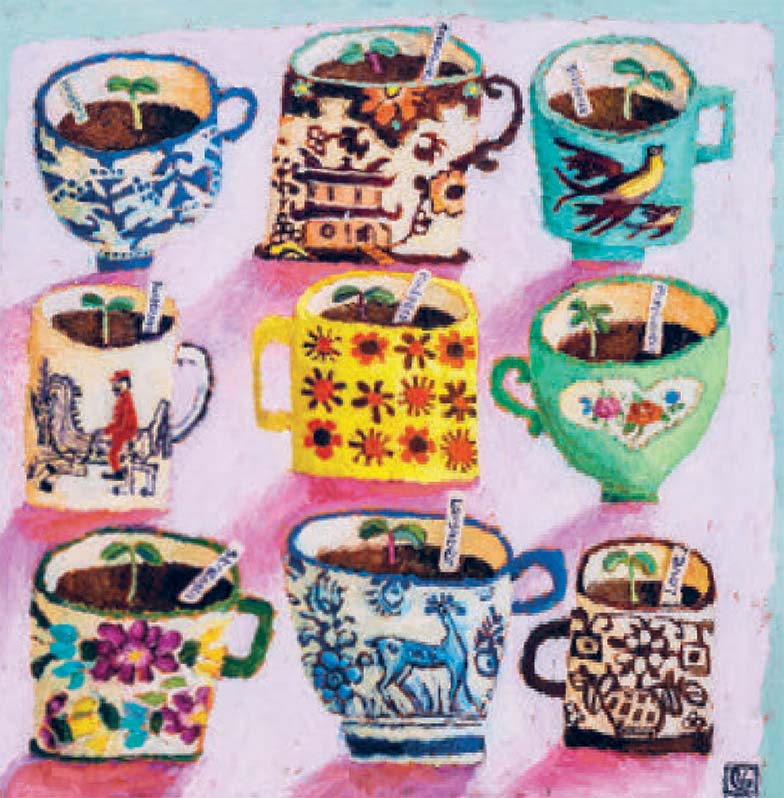 "Water Daily greetings card by Vanessa Bowman featuring colorful English pottery cups with plant sprouts"
