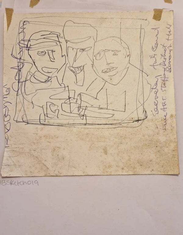ABD019 Three Man in Pub with Arts Council address drawing c1980s found Arthur Berry Archive Original Art from Barewall Art Gallery