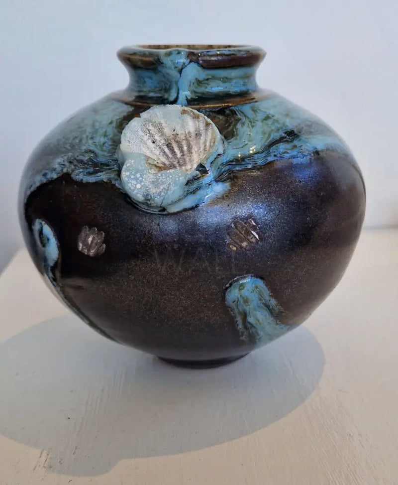 AS1-3 Small Blue on Chocolate Stoneware Side Fired Round Pots with Shells by Alex Shimwell AS2 Ceramics from Barewall Art Gallery