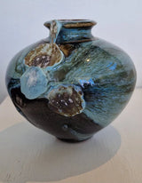 AS1-3 Small Blue on Chocolate Stoneware Side Fired Round Pots with Shells by Alex Shimwell AS3 Ceramics from Barewall Art Gallery