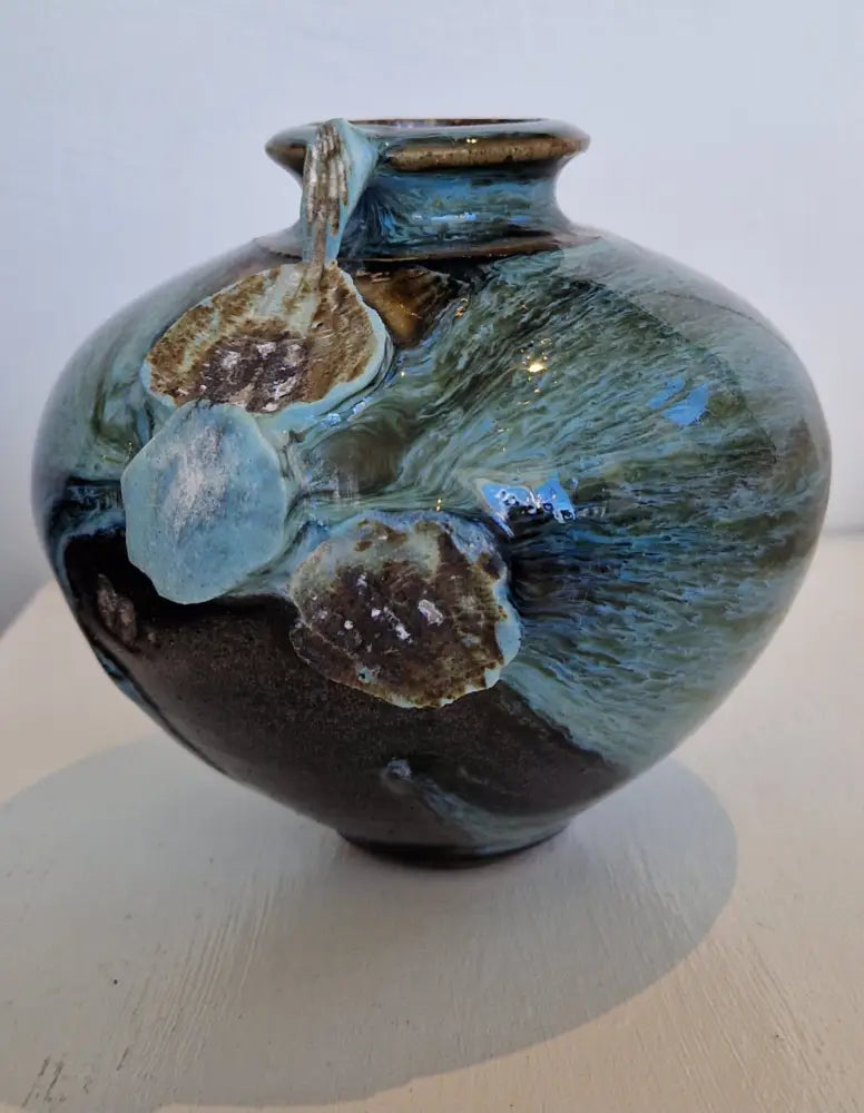 AS1-3 Small Blue on Chocolate Stoneware Side Fired Round Pots with Shells by Alex Shimwell AS3 Ceramics from Barewall Art Gallery