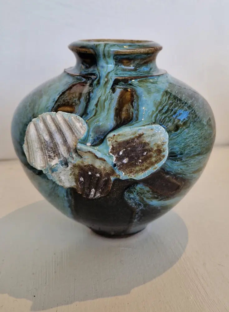 AS1-3 Small Blue on Chocolate Stoneware Side Fired Round Pots with Shells by Alex Shimwell AS1 Ceramics from Barewall Art Gallery