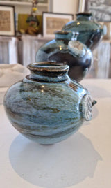 AS1-3 Small Blue on Chocolate Stoneware Side Fired Round Pots with Shells by Alex Shimwell Set of Three Ceramics from Barewall Art Gallery