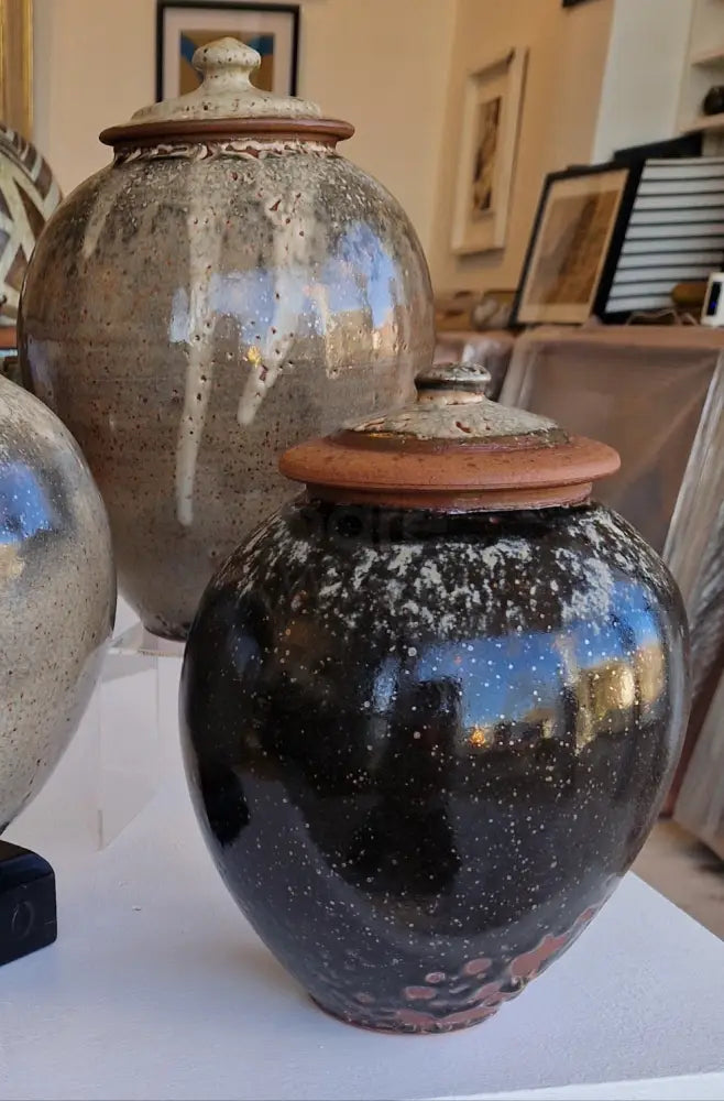 AS4-5 Large Black with Wood Ash Stoneware Lidded Pots by Alex Shimwell Ceramics from Barewall Art Gallery