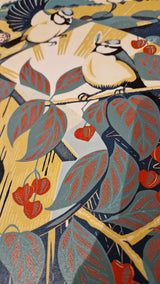 Blue Tits in the Dingle Dangle Tree 2024 Lino Print by Louise Edwards Prints from Barewall Art Gallery