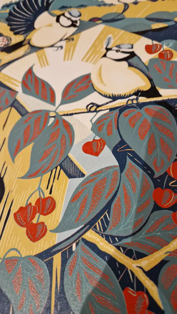 Blue Tits in the Dingle Dangle Tree 2024 Lino Print by Louise Edwards Prints from Barewall Art Gallery