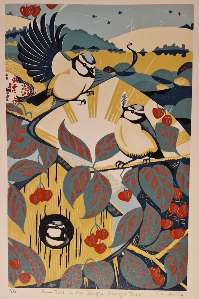 Blue Tits in the Dingle Dangle Tree 2024 Lino Print by Louise Edwards Prints from Barewall Art Gallery