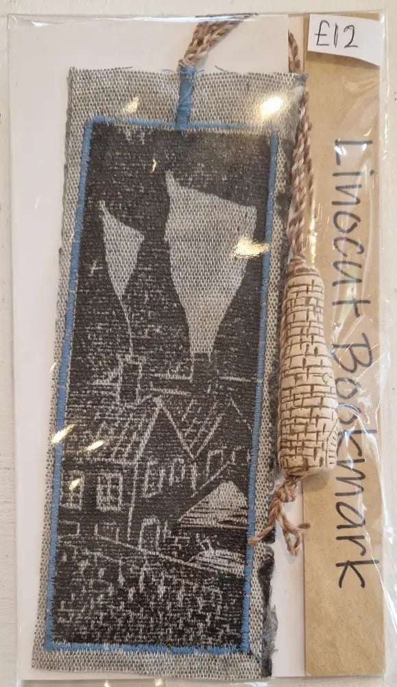 Bottle Kiln and Rooftops Linocut Bookmarks with Clay Bottle 2025 by Shauna McCann Bottle Kiln lino on grey with blue stitch Book from Barewall Art Gallery