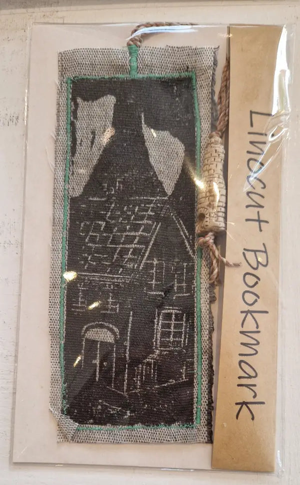 Bottle Kiln and Rooftops Linocut Bookmarks with Clay Bottle 2025 by Shauna McCann Bottle Kiln lino on grey with green stitch Book from Barewall Art Gallery
