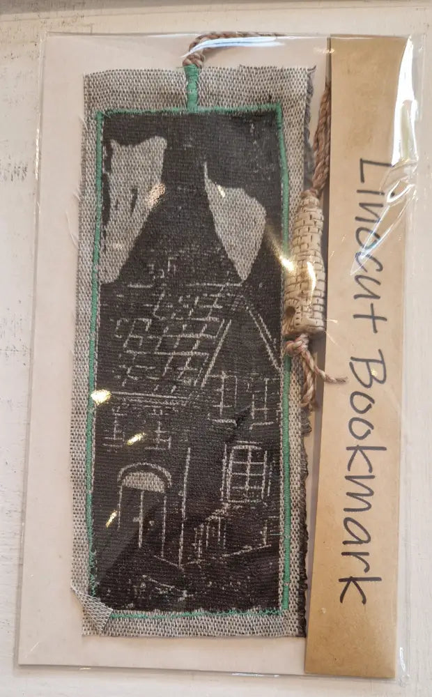 Bottle Kiln and Rooftops Linocut Bookmarks with Clay Bottle 2025 by Shauna McCann Bottle Kiln lino on grey with green stitch Book from Barewall Art Gallery