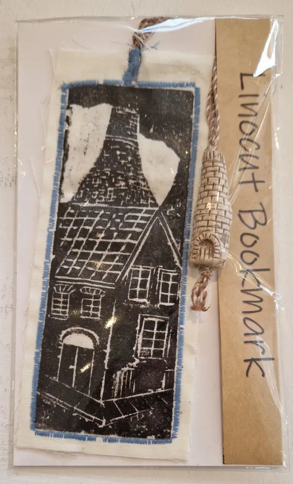 Bottle Kiln and Rooftops Linocut Bookmarks with Clay Bottle 2025 by Shauna McCann Bottle Kiln lino on white with green stitch Book from Barewall Art Gallery