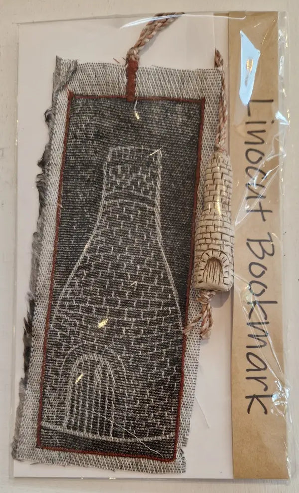 Bottle Kiln Linocut Bookmarks with Clay Bottle 2024 by Shauna McCann Bottle Kiln lino on grey maroon stitch Book from Barewall Art Gallery