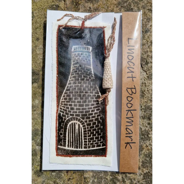 Bottle Kiln Linocut Bookmarks with Clay Bottle 2024 by Shauna McCann Bottle Kiln lino on stone with maroon stitch Book from Barewall Art Gallery