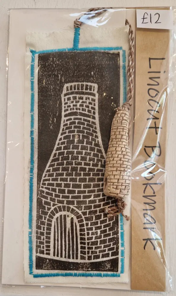 Bottle Kiln Linocut Bookmarks with Clay Bottle 2024 by Shauna McCann Bottle Kiln lino on white with blue stitch Book from Barewall Art Gallery
