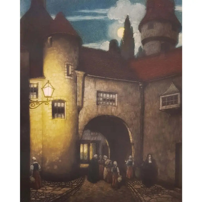 Bruges, Belgium 1920 antique colour etching by Frederick Marriott Etching from Barewall Art Gallery