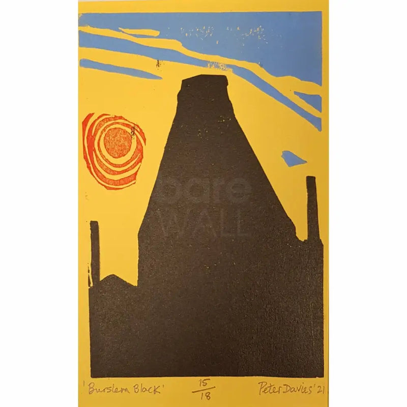 Burslem Black Linocut 2021 by Peter Davies Day Linocut from Barewall Art Gallery
