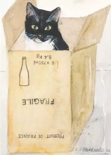 Cat in a Box Greeting Card by Elizabeth Blackadder RA