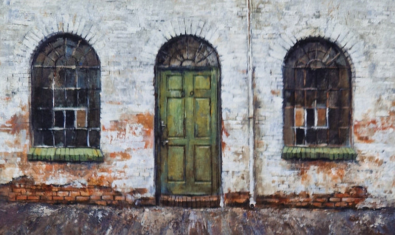 DB2454 Green Factory Door - No29 A5 signed ltd edition print by David Brammeld by Barewall