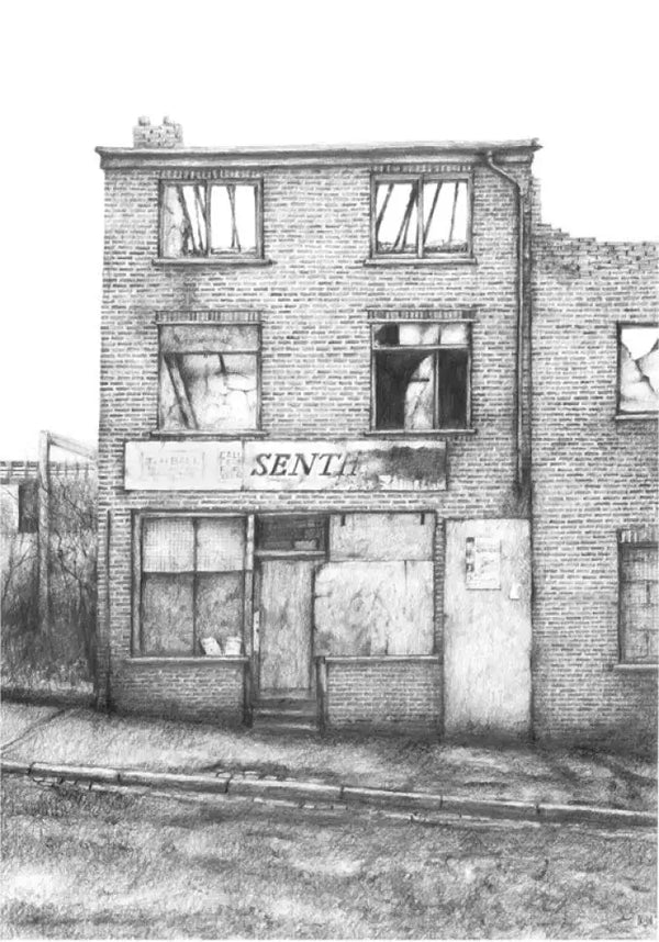 DB2457 Derelict Newsagent A5 signed ltd edition print by David Brammeld Print from Barewall Art Gallery