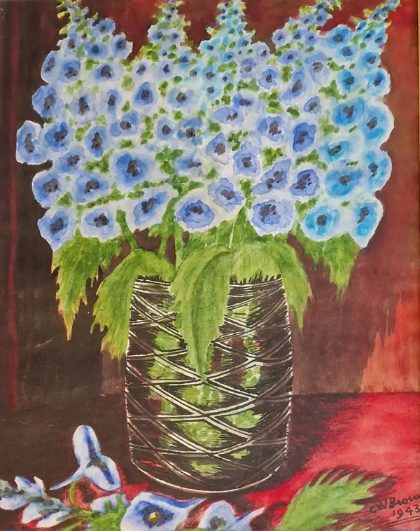Delphiniums Still Life Watercolour 1943 by CW Brown Original Art from Barewall Art Gallery
