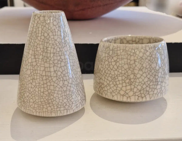 DH3 Wobble Saki Bottle and Cup with crackle glaze 2024 by Dave Harper Ceramics from Barewall Art Gallery