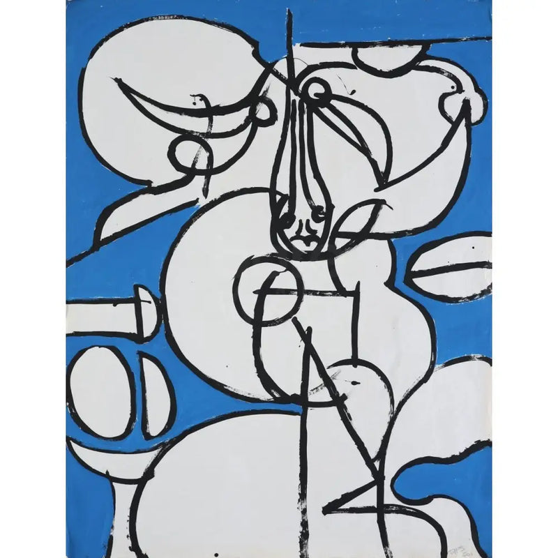 EN017P Abstract Figure on Blue c1960 by Enos Lovatt Original Art from Barewall Art Gallery