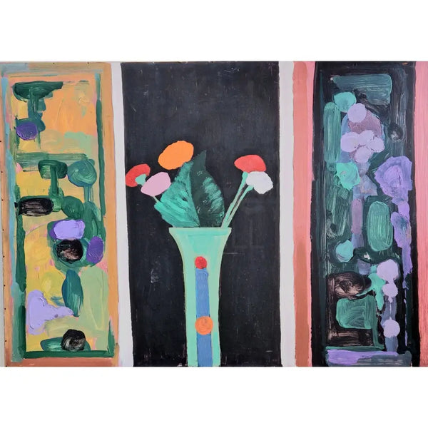 EN056 Vase of Flowers in Garden Window 1989 acrylic by Enos Lovatt Original Art from Barewall Art Gallery