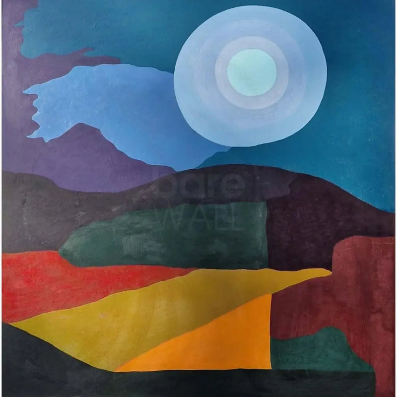 ENL005 Abstract Landscape Painting with Moon c1960s by Enos Lovatt Original Art from Barewall Art Gallery