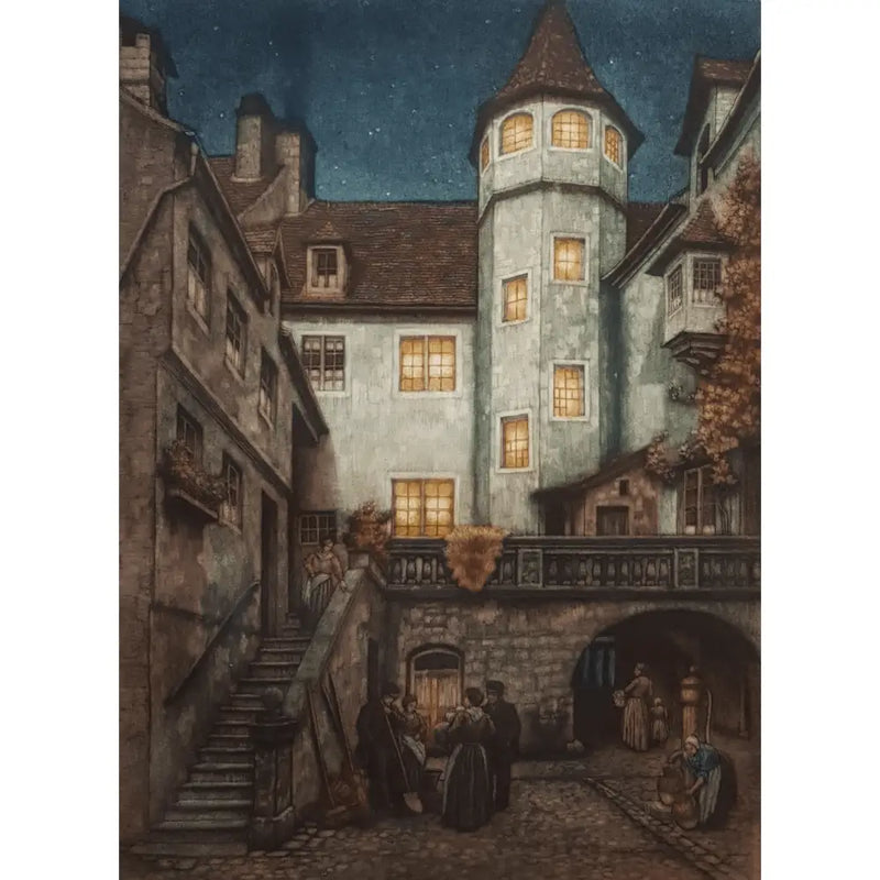 European scene antique coloured etching c1920 by Frederick Marriott Etching from Barewall Art Gallery