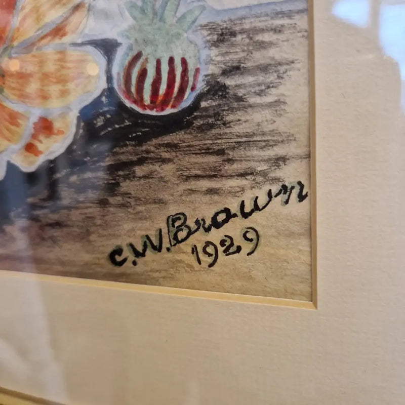 Flowers and Dragonfly Watercolour 1929 by CW Brown Original Art from Barewall Art Gallery