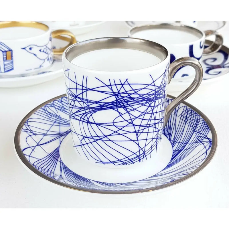 FLUX Spiro Collection by Harry Davies for FLUX Stoke on Trent Tall espresso cup and saucer Platinum Ceramics from Barewall Art Gallery