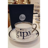 FLUX Type Matters range by Jim Williams for FLUX Stoke on Trent Tea cup and saucer Platinum Ceramics from Barewall Art Gallery