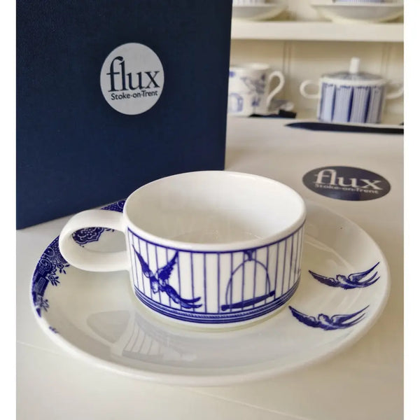 FLUX Willow Blues range by Jenna Stanton for FLUX Stoke on Trent Espresso cup and saucer Cobalt Ceramics from Barewall Art Gallery