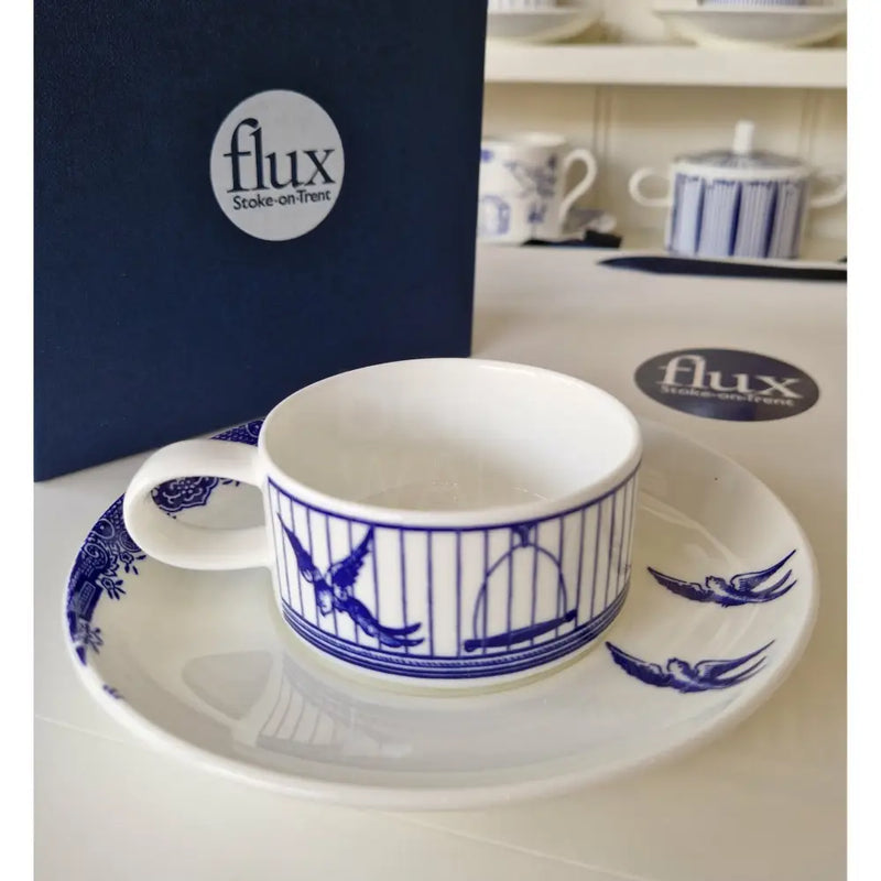 FLUX Willow Blues range by Jenna Stanton for FLUX Stoke on Trent Espresso cup and saucer Cobalt Ceramics from Barewall Art Gallery
