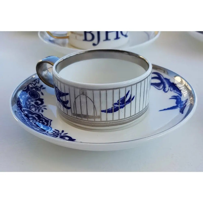 FLUX Willow Blues range by Jenna Stanton for FLUX Stoke on Trent Espresso cup and saucer Platinum Ceramics from Barewall Art Gallery
