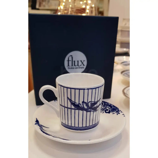 FLUX Willow Blues range by Jenna Stanton for FLUX Stoke on Trent Tall espresso cup and saucer Cobalt Ceramics from Barewall Art Gallery