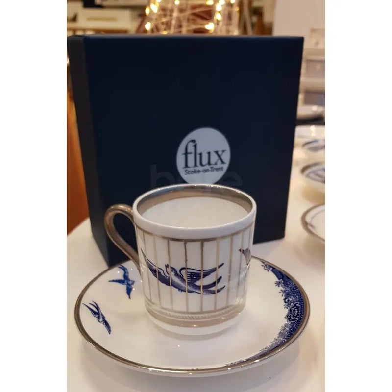 FLUX Willow Blues range by Jenna Stanton for FLUX Stoke on Trent Tall espresso cup and saucer Platinum Ceramics from Barewall Art Gallery