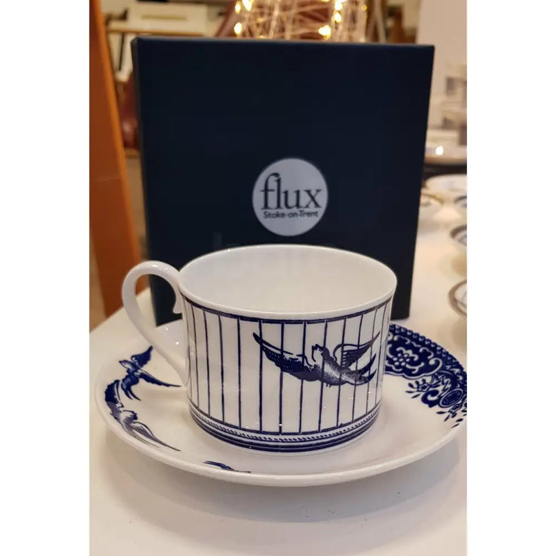 FLUX Willow Blues range by Jenna Stanton for FLUX Stoke on Trent Tea cup and saucer Cobalt Ceramics from Barewall Art Gallery
