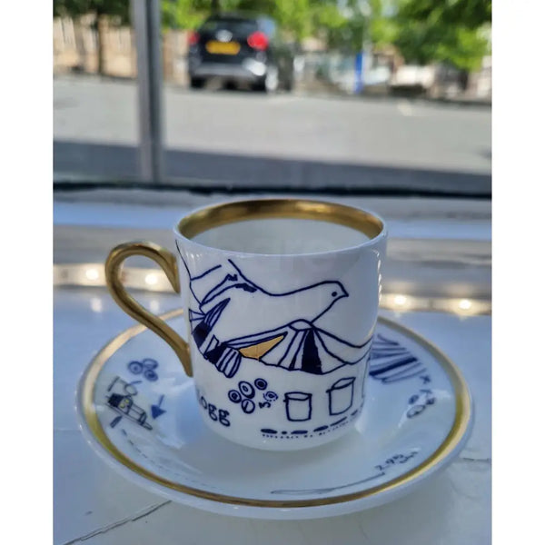 FLUX Zoo range by Rebecca Hogg for FLUX Stoke on Trent Tall espresso cup and saucer Gold Ceramics from Barewall Art Gallery