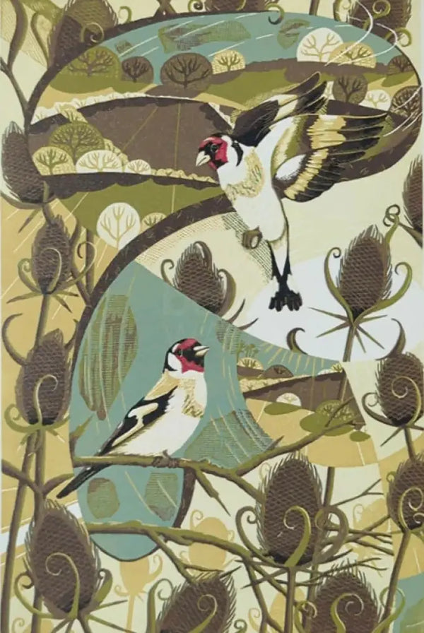 Goldfinches Lino Print 2025 by Louise Edwards Prints from Barewall Art Gallery