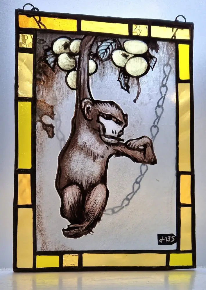 Hand painted Stained Glass Swinging Smoking Monkey Art by Rebecca Davies Glass from Barewall Art Gallery