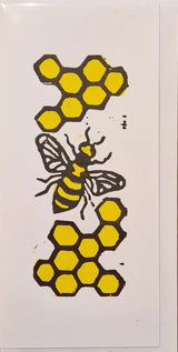 Hand printed Bee and honeycomb art greeting cards 2024 by Shauna McCann Bee on Honeycomb Greetings Card Gift from Barewall Art Gallery